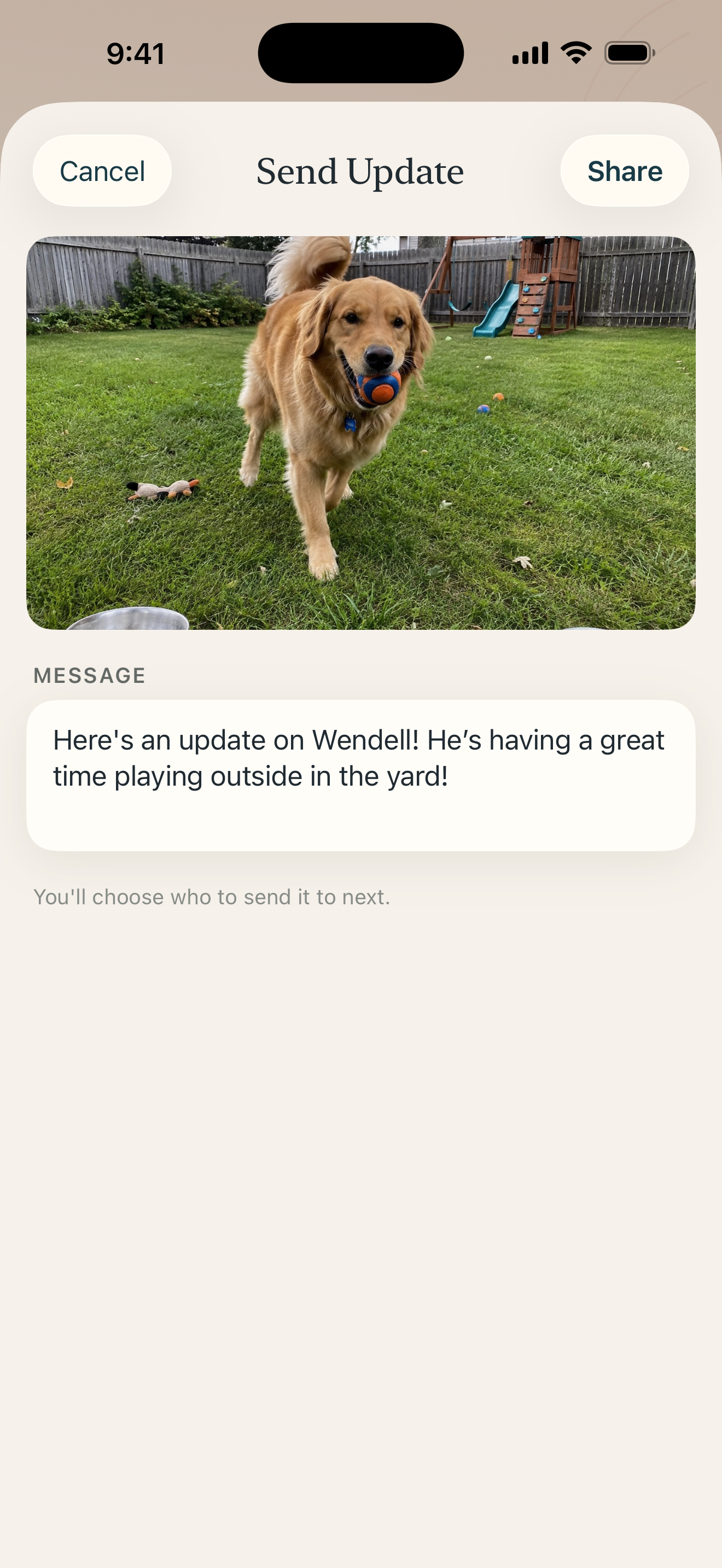 The BoardingKit Send Update screen, showing a photo of a dog above an editable message