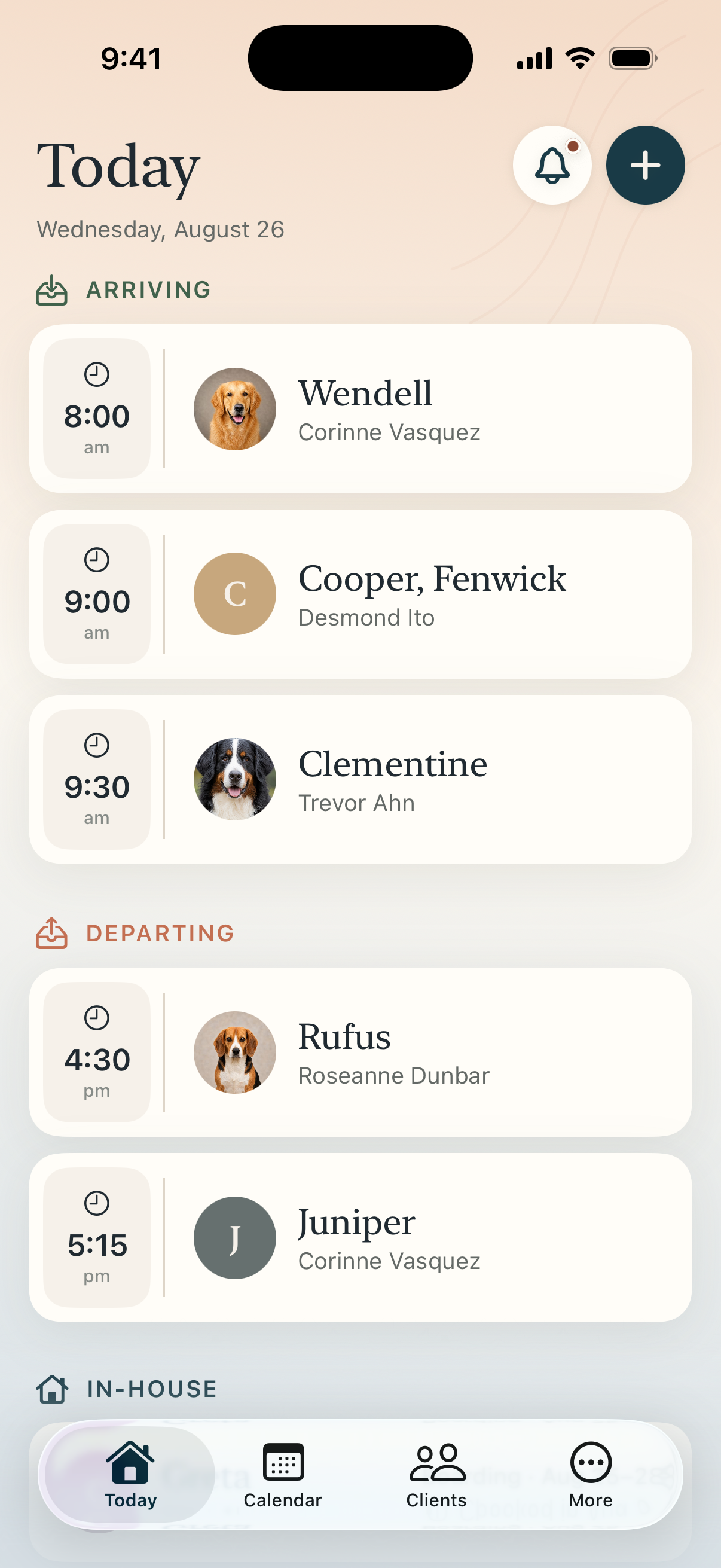 The BoardingKit Today screen, showing the dogs arriving, staying, and departing today